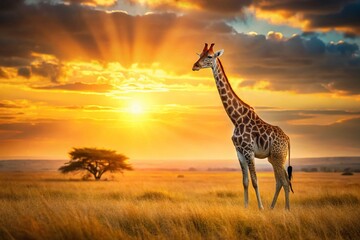 Obraz premium Lonely Giraffe on African Savannah - Wildlife Solitude Stock Photo