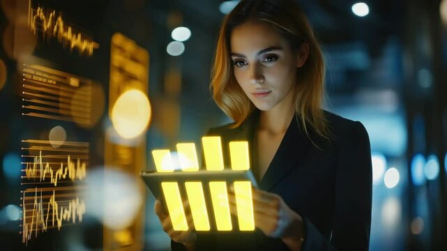 Focused woman in business attire analyzing glowing financial charts on digital tablet in modern office with blurred lights at night - Powered by Adobe