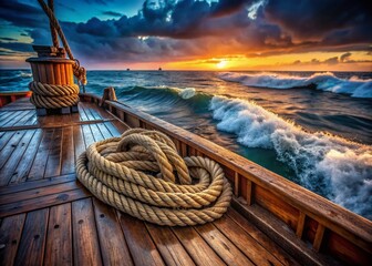 Obraz premium Long Exposure: Ship's Rope, Ocean Waves, Nautical Scene