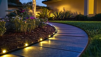 Curved Paved Pathway Lined With Illuminated Lights Leading Through Lush Landscaped Garden at Night - Powered by Adobe