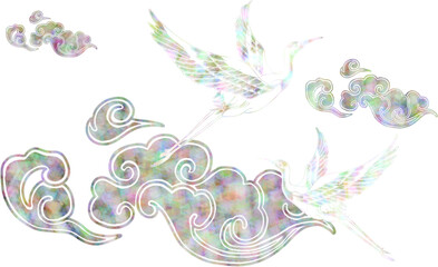 전통 자개 민화 일러스트 – 학과 구름 : Korean Mother-of-Pearl Folk Art with Cranes and Clouds