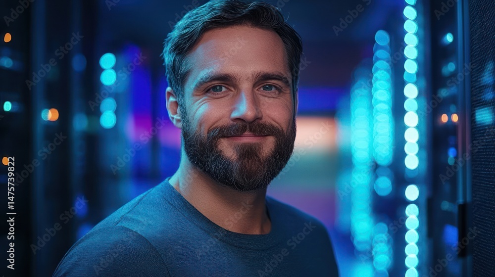 Poster smiling man with beard standing in a dimly lit server room surrounded by blue led lights and compute