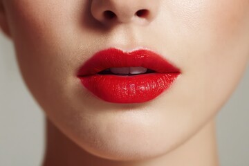 Obraz premium a woman wearing red lipstick on her lips, focus on lips, cosmetic advertisement
