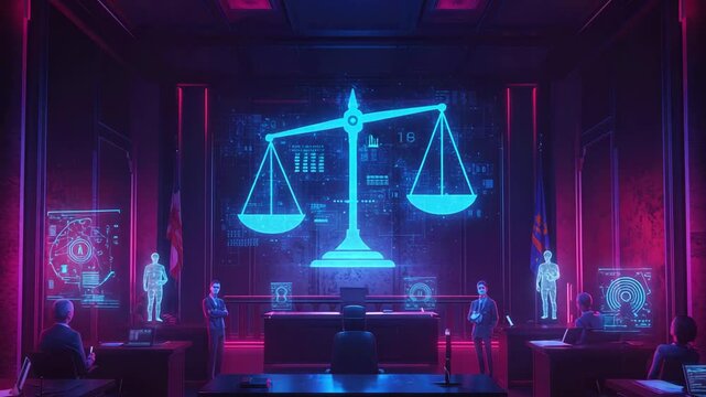 Futuristic courtroom scene with holographic scales of justice, digital displays, and diverse figures