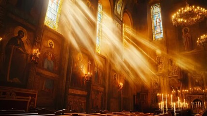 Sunbeams illuminate Orthodox church interior. Rays of light through stained glass windows. Easter, Christmas, or Sunday worship scene for faith video