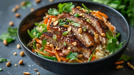 Fototapeta premium Close up of a bowl with sliced meat and vegetables garnished with peanuts and herbs on a dark surface