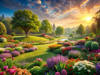 Obraz premium Lush Green Garden Landscape with Vibrant Colorful Flowers Blooming