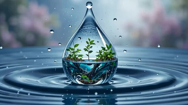 Realistic water drop with an ecosystem	