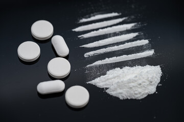 Cocaine Lines, Narcotics addiction, white pills 