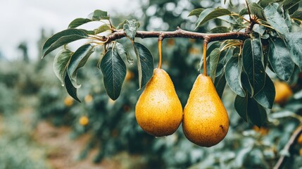 Fresh yellow pears hanging on a branch amidst lush green leaves in an orchard under cloudy sky, representing nature's bounty and agricultural beauty
