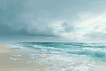 Serene Ocean Waves and Cloudy Sky Over Tranquil Beach Scene
