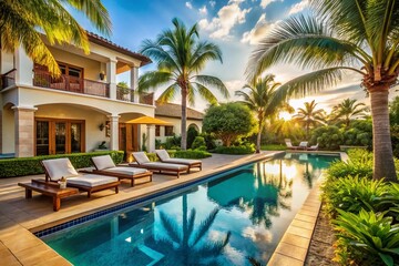 Fototapeta premium Luxury Seaside Villa with Pool & Palm Trees - Stock Photo