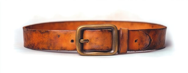 worn brown leather belt with brass buckle lying flat on white background showing signs of use and vintage texture