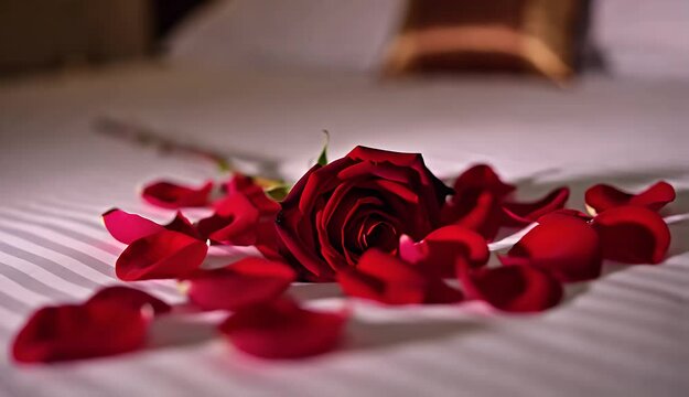 Red rose and petals on a bed.