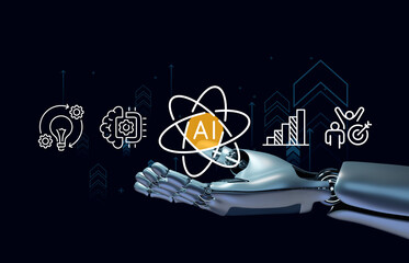 Futuristic Robot Hand Holding Artificial Intelligence Icons, AI Technology for Business Growth and Innovation Concept