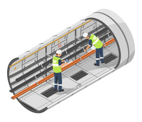 Engineers inspecting and installing high-voltage electrical conduits inside a modern utility tunnel for infrastructure development and power distribution isometric cartoon