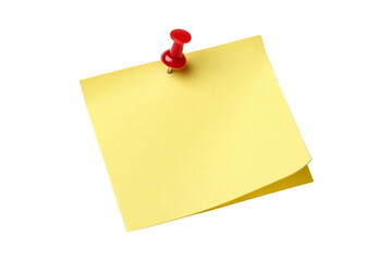 Yellow sticky post it note with red pushpin isolated on transparent background
