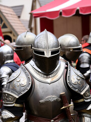 Intricately designed knight's armor displayed at a historical reenactment event in a medieval setting