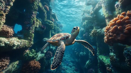 Fototapeta premium Sea turtle gracefully swims among vibrant coral reefs in clear ocean waters