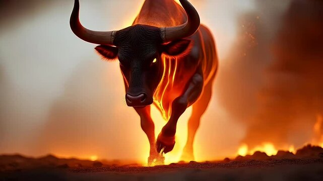 Angry bull running through fire and smoke

