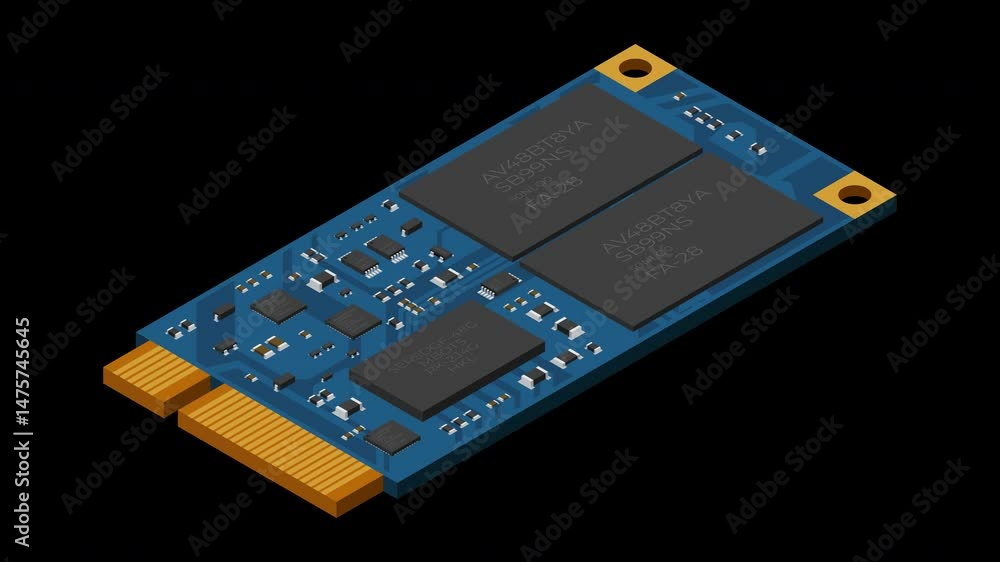 Poster isometric solid state drive animation. drive ssd storage illustration. ssd m.2 animation. computer h