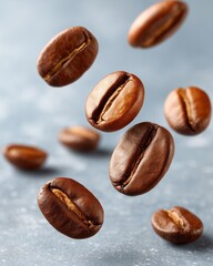 Floating Roasted Coffee Beans Capturing Golden Hues and Rich Aroma