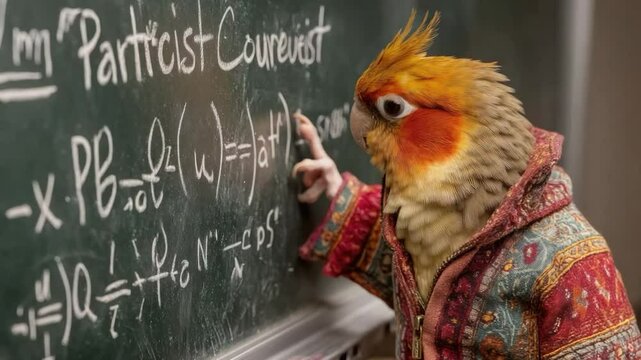 Parrot wearing jacket near chalkboard