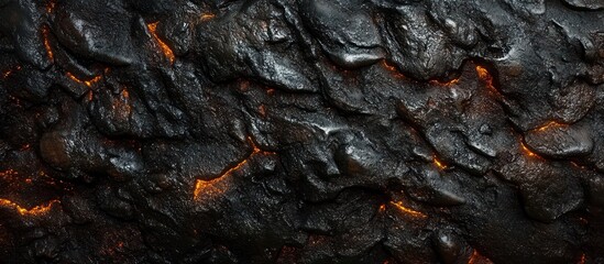 Close-up view of dark, textured cooling lava rock with bright orange glowing cracks showing molten lava beneath