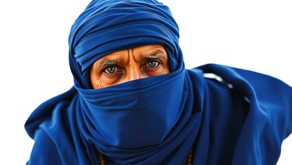 Fototapeta premium Mysterious and noble Tuareg leader wrapped in deep indigo with only expressive eyes visible, isolated for cultural storytelling in high resolution.