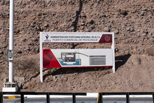 La Paz, Baja California Sur, Mexico - March 17, 2025: Signage at the Puerto de Pichilingue with a directory and map.