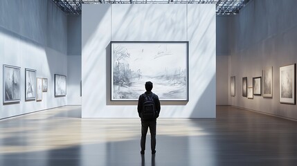 Fototapeta premium Man viewing artwork in modern gallery