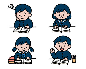 勉強中の学生4人セット イラスト