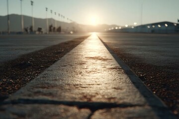 Fototapeta premium Sunset Over Empty Parking Lot with Long Shadows and Distant Mountains