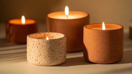 Artistic display of natural speckled ceramic warm terracotta candle holders light surface lit with warm candlelight rustic modern style soft ambient shadows cut out on isolated transparent background