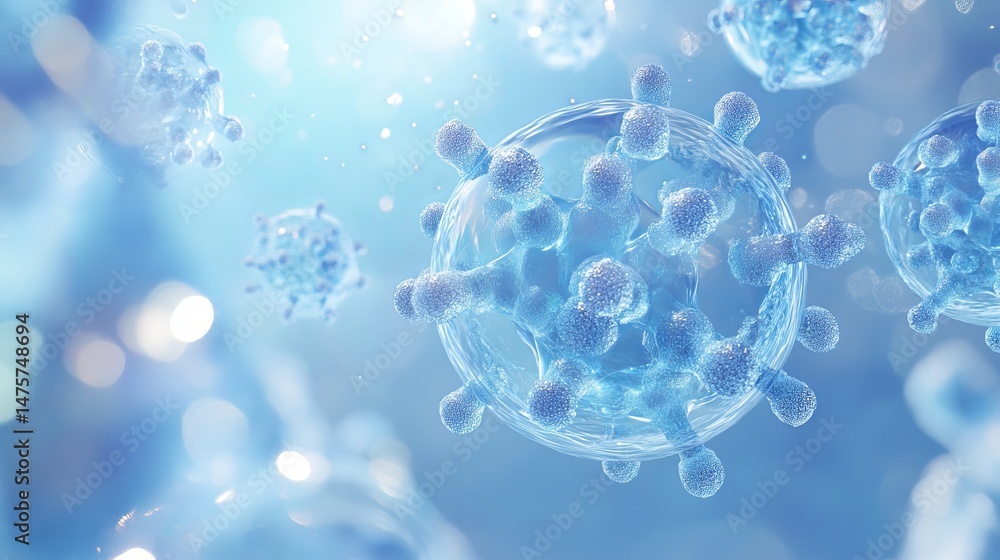 Poster microscopic view of translucent virus cells floating in a light blue liquid environment showing spik