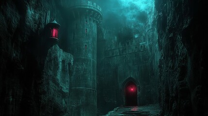 Mysterious Dark Castle with Red Light in Foggy Atmosphere, Enigmatic Landscape, Eerie Shadows, Eerie Stillness, Spectral Elements, Unseen Worlds Await