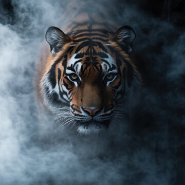 Tiger head in smoky cloud background