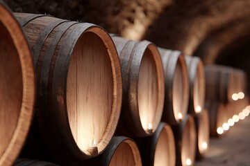 Wooden Barrels in a Dimly Lit Wine Cellar with Soft Ambient Lighting