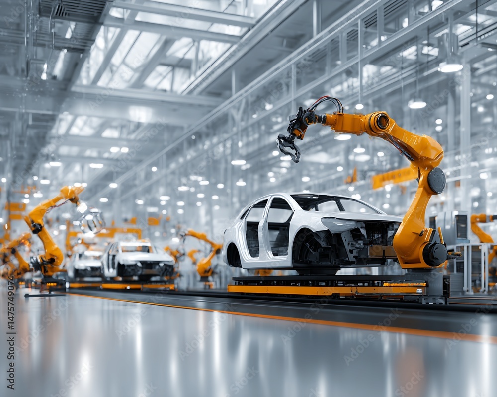 Aufkleber automated car assembly line with robotic arms