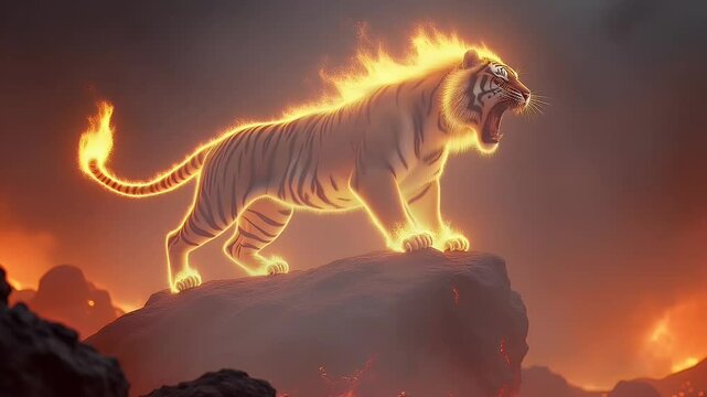 Burning tiger roars with flames on rocky lava ground  
