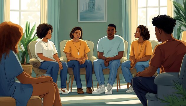 Diverse group engaged in a supportive discussion.