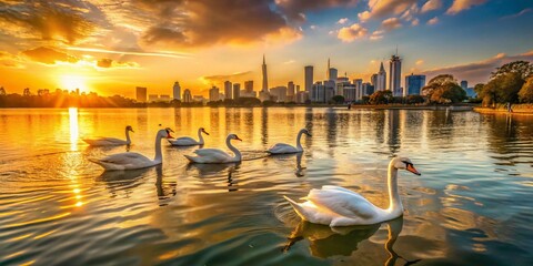 Fototapeta premium Majestic Australian Swans at Sunset, Albert Park, Melbourne