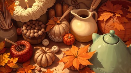 Autumn harvest, cozy atmosphere, pumpkins and storage vessels, warm indoor setting