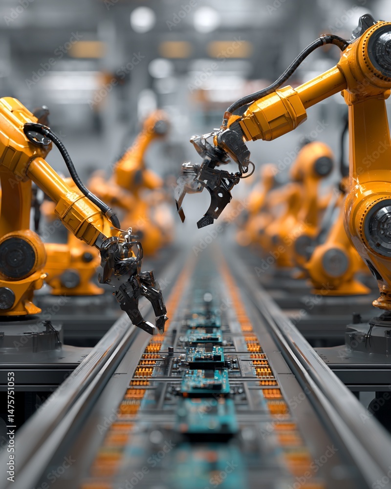 Aufkleber automated assembly line with robotic arms placing circuit boards
