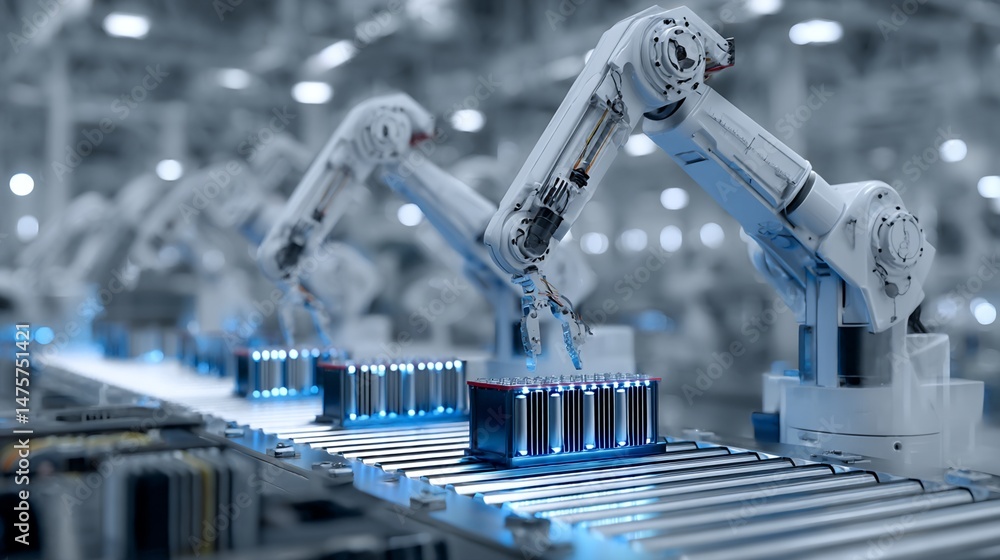 Poster automated battery assembly line with robotic arms