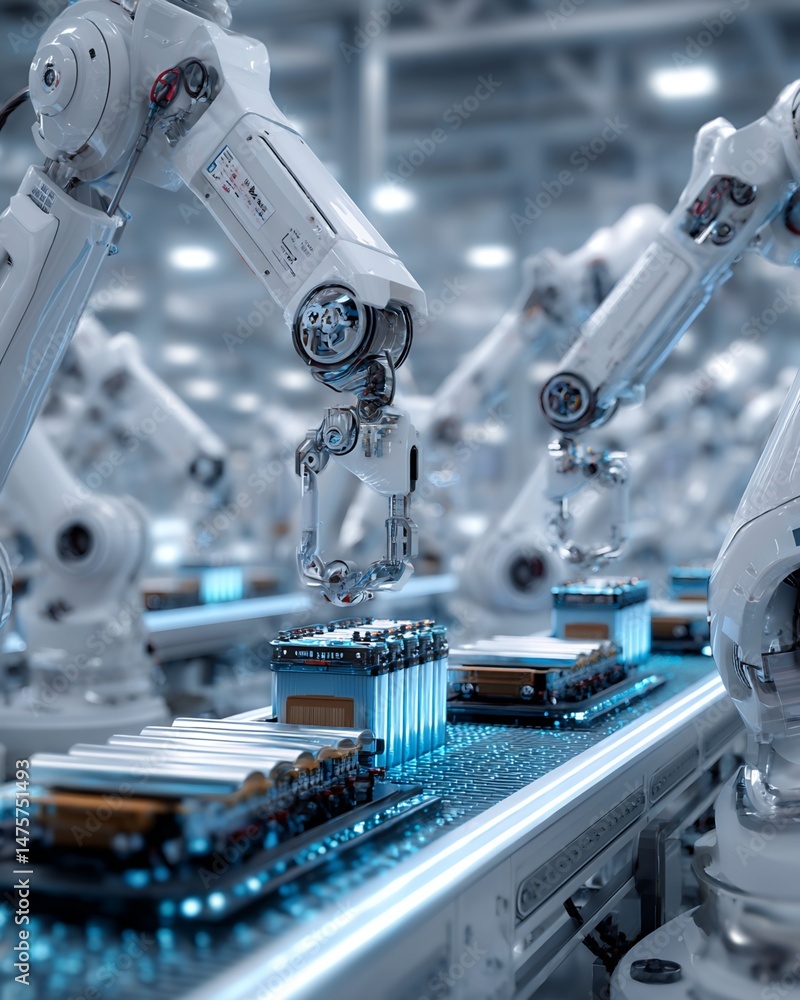 Poster automated battery pack assembly line with robotic arms