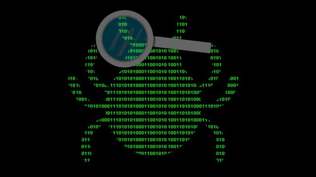 video animation icon bug designed with binary code numbers and a magnifying glass moving, in a computer virus analysis or error concept, on a transparent background with alpha channel at zero
