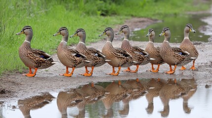 A Line of Ducks Walking Along a Wet Pathway by a Green Meadow Reflecting on the Water Surface in a Calm and Serene Environment