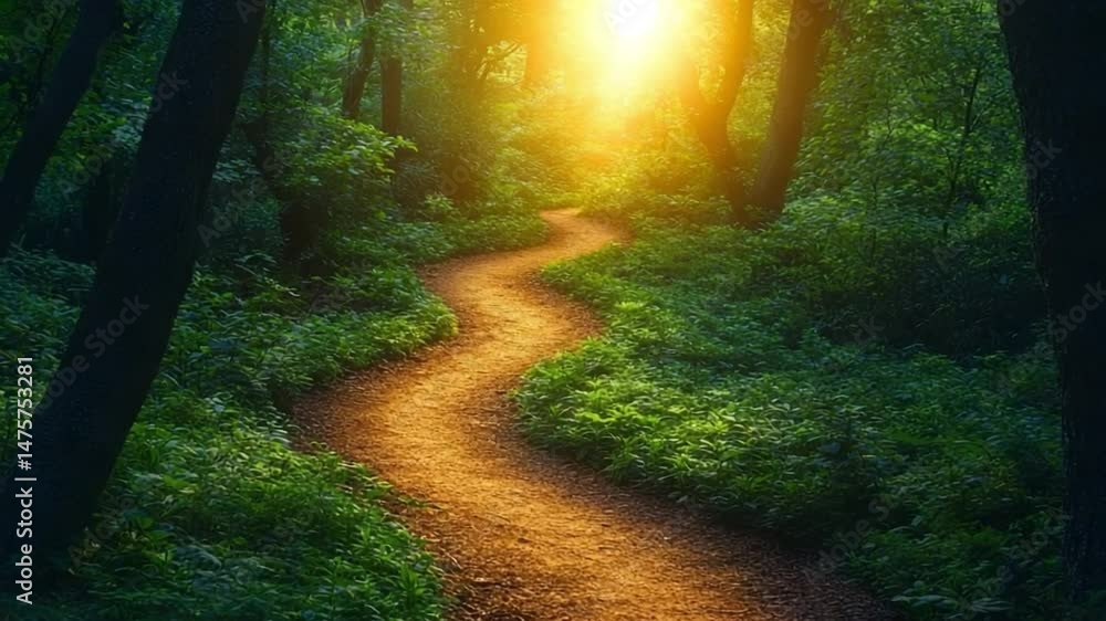 Poster Winding Path in Sunlight: A picturesque path curves through a dense forest, leading the viewer towards a radiant sunlit clearing, creating a scene of serene exploration and discovery.