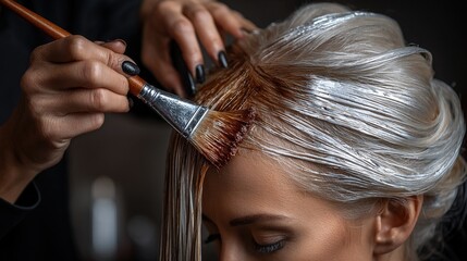 Obraz premium Hair coloring process. Skilled hands apply a brown coloring product to the client's hair